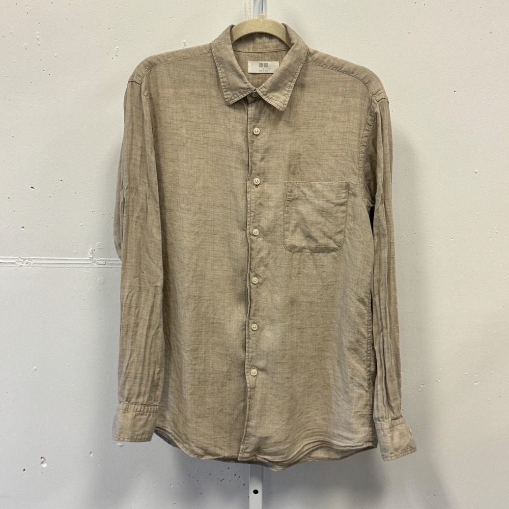 Uniqlo Men's Small Khaki Beige 100% Linen Long Sleeve Button Down Shirt 164218